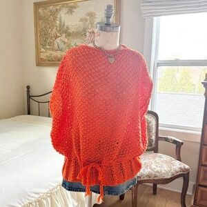 orange knit poncho top  70ss handmade chunky orange knit poncho